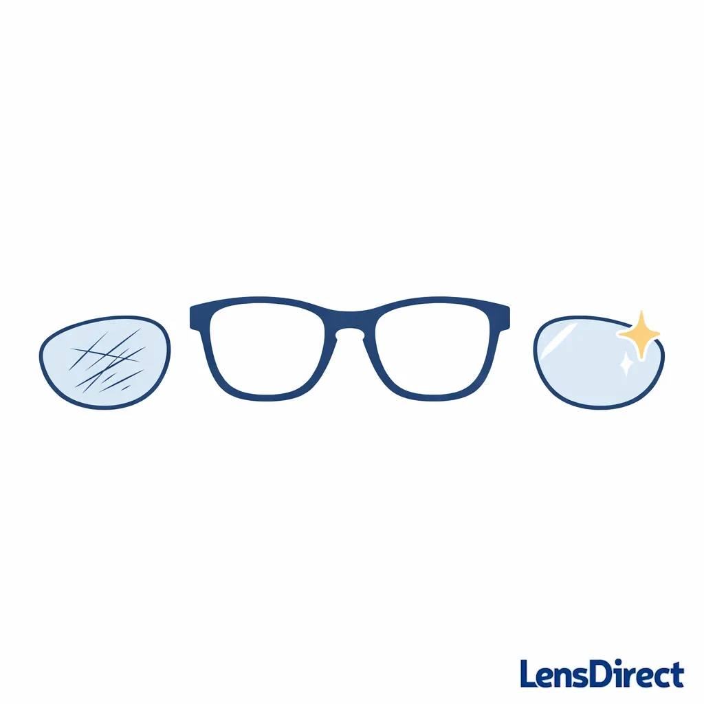 A frame outline and a separate lens piece illustrate swapping lenses to restore clarity.