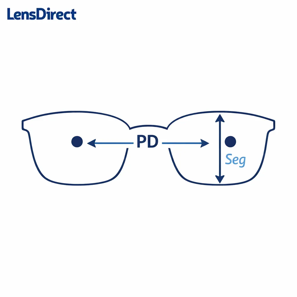 Crosshair diagram contrasts horizontal PD with vertical segment height on the same pair of lenses.