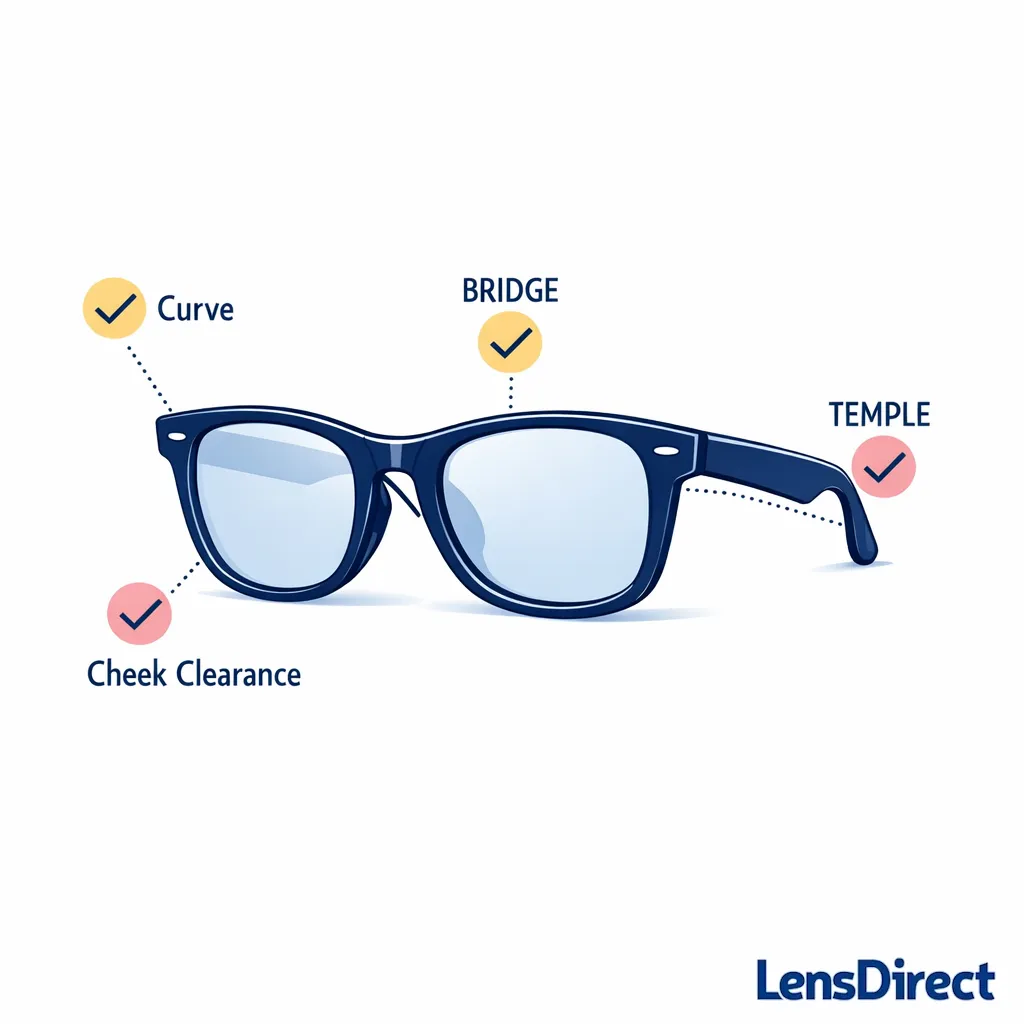 A four-point wrap fit checklist highlighting curve, cheek clearance, bridge stability, and temple grip.