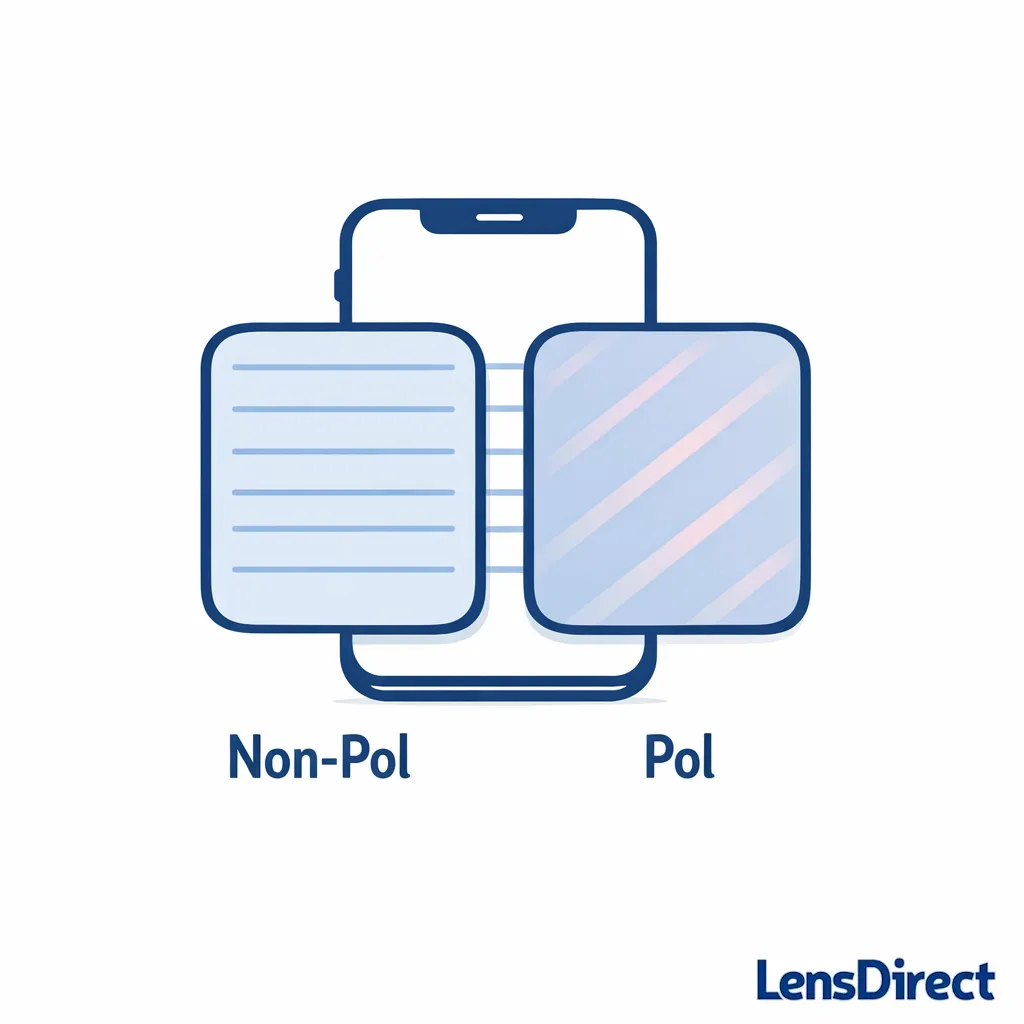 Diagram showing a phone screen appearing darker through polarized lenses compared with non-polarized lenses.