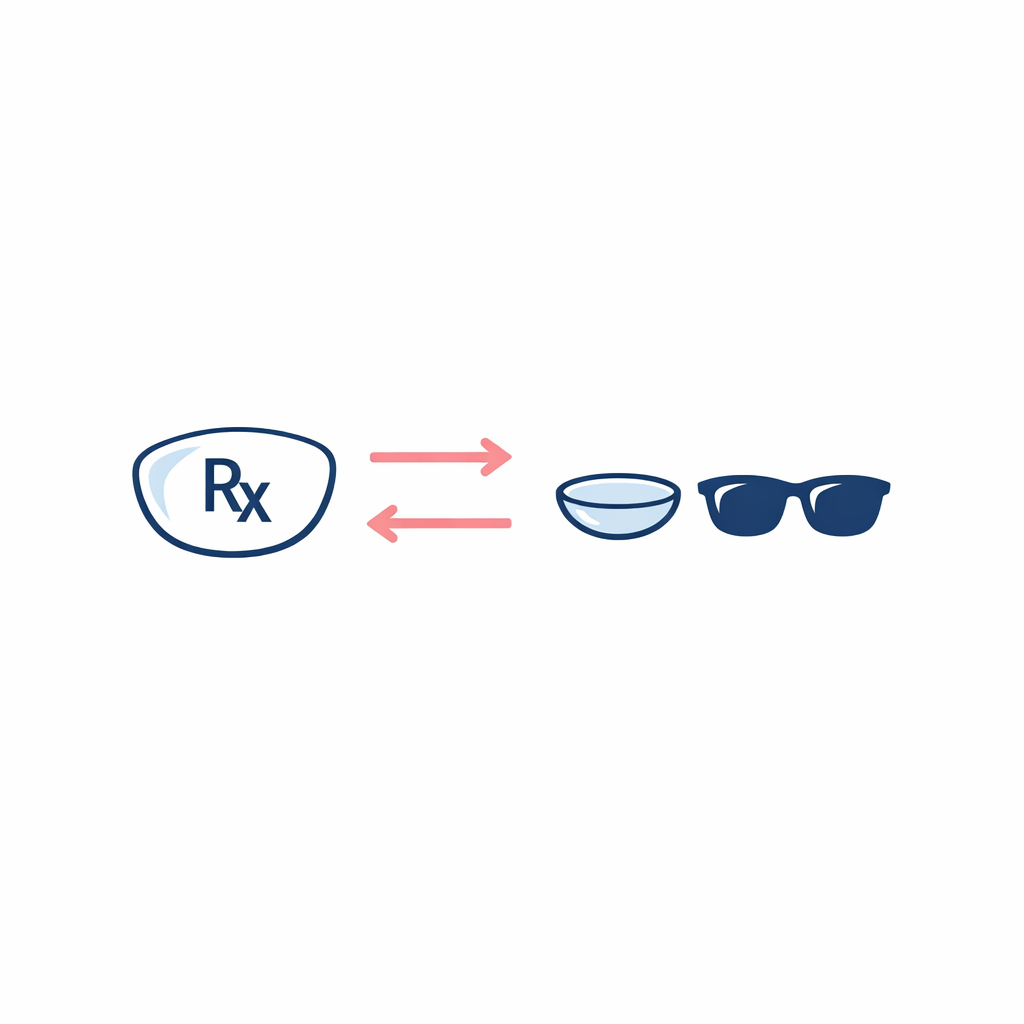 Icons show prescription lenses versus contacts as two ways to achieve clear vision outdoors.