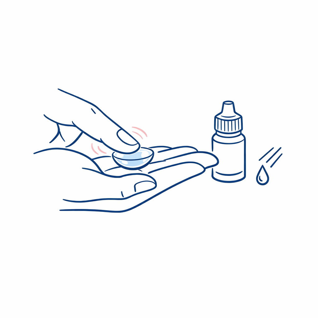 A palm holds a lens while the other finger rubs it, with a small rinse stream icon nearby.