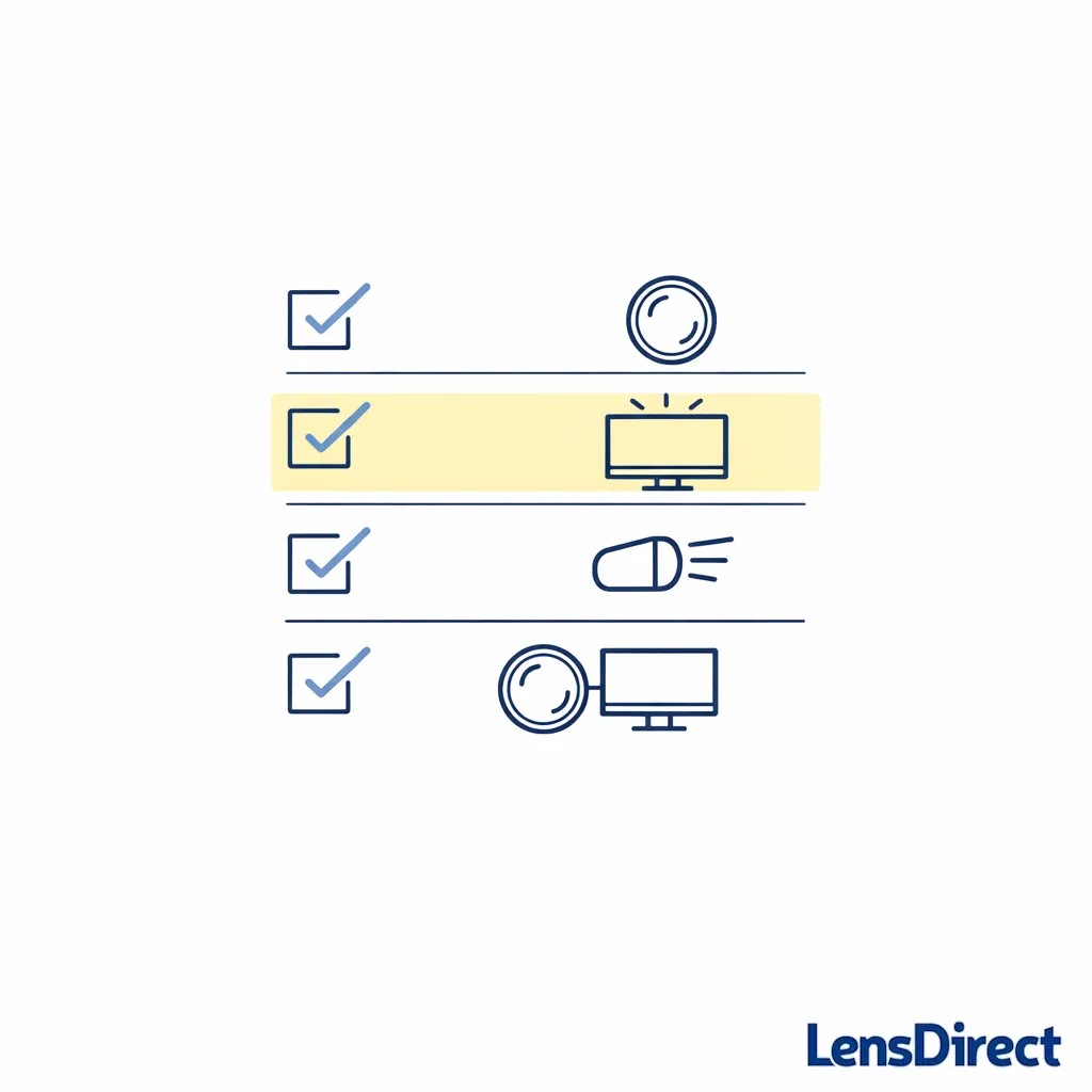 A minimal checklist uses icons for reflections, screens, driving, and combined use to guide upgrade choices.