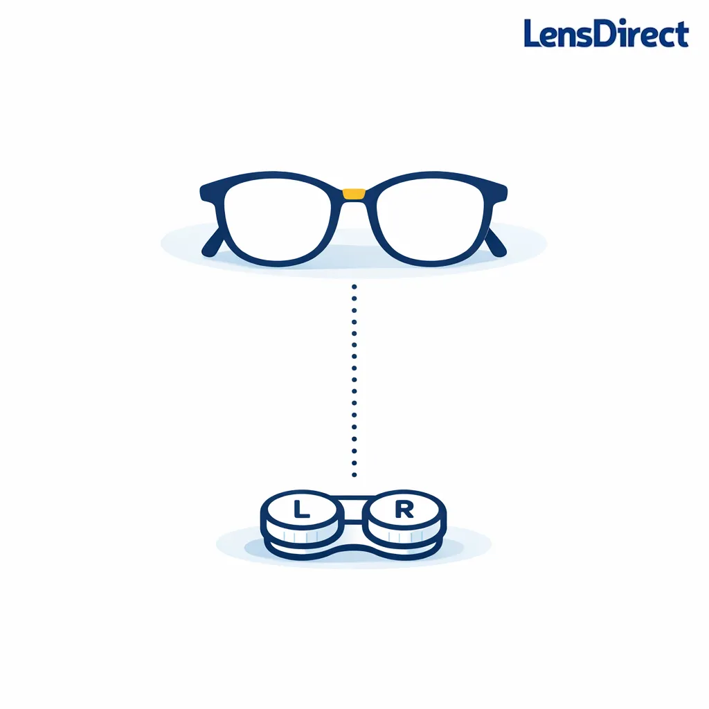 A simple pair of glasses sits next to a contact lens case to suggest a safe backup option.
