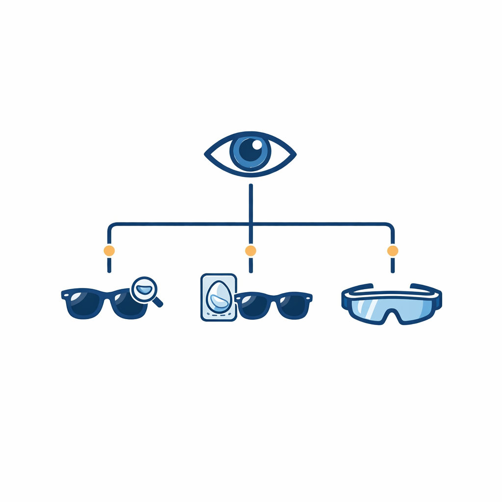 Three-path diagram for prescription sunglasses, contacts plus sunglasses, and protective sports eyewear.