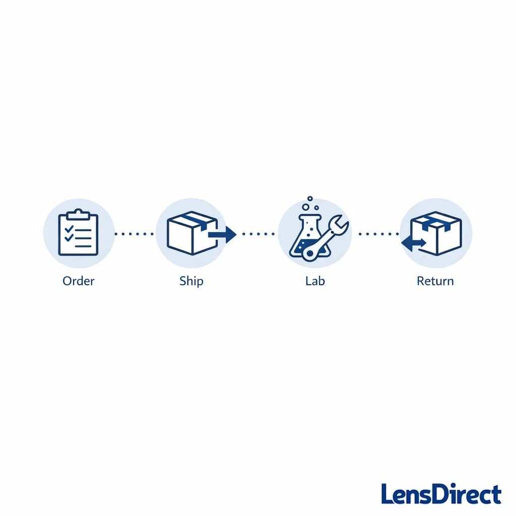 Minimal timeline showing steps from order to shipping to lab to return delivery with simple icons.
