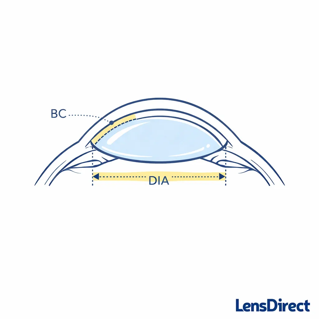 A simplified eye cross-section shows a lens with base curve and diameter measurements marked.