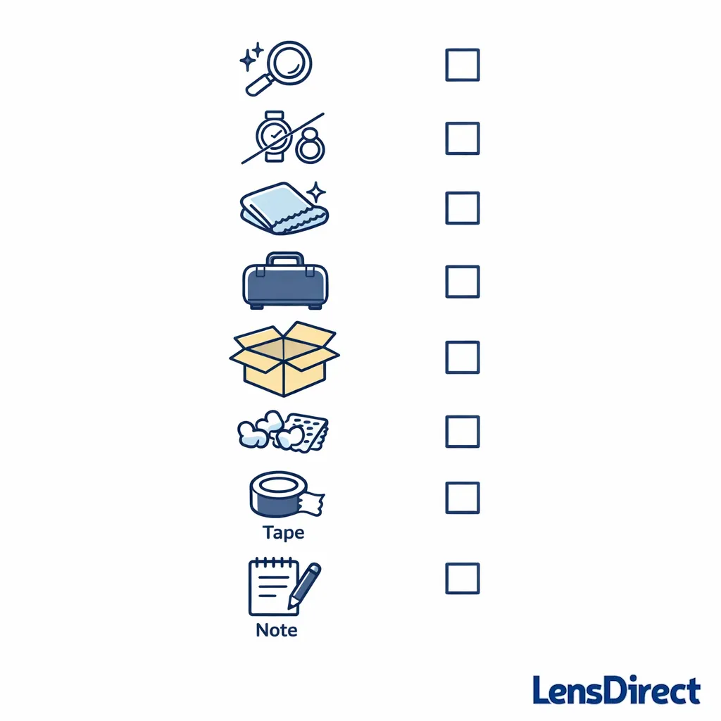 A clean checklist icon layout summarizes the key packing steps to ship glasses safely.