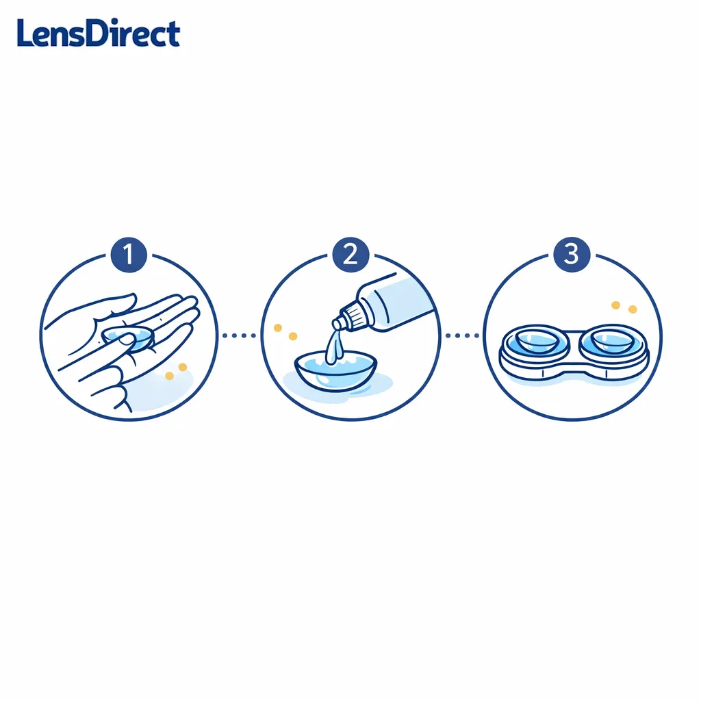 Three-step line diagram showing rub, rinse, and store using one bottle and a standard lens case.