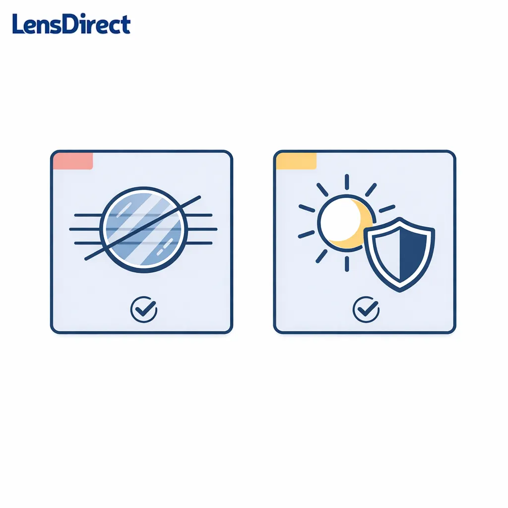 Two simple feature cards compare polarization and UV protection as separate requirements.