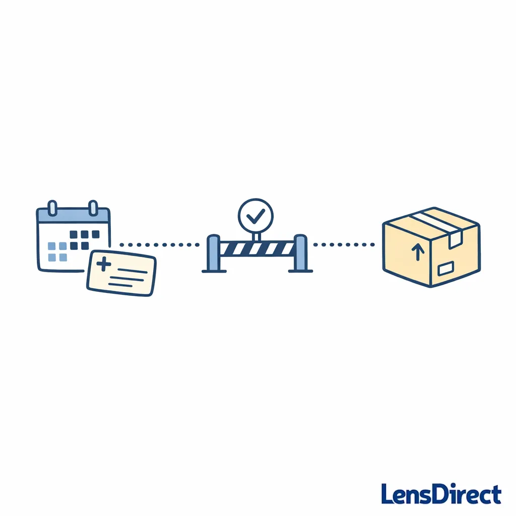 A calendar and prescription card sit behind a small checkpoint barrier indicating verification before shipping.