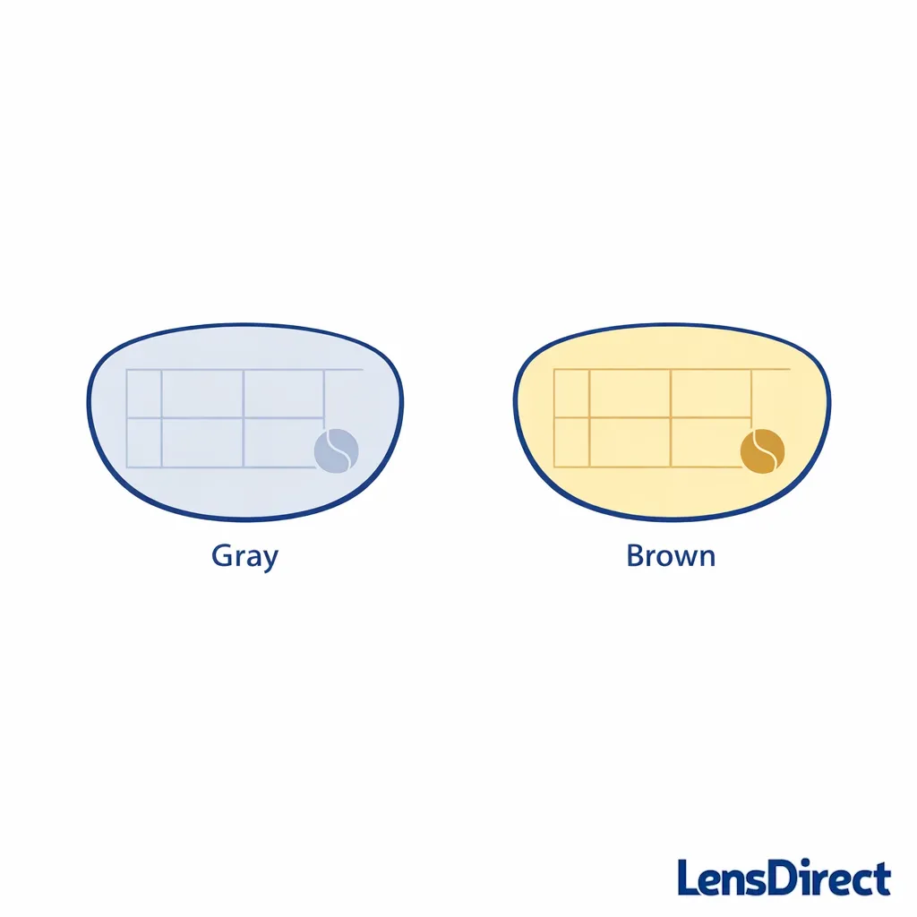 Side-by-side lens tint swatches showing gray versus brown/copper for bright-court visibility.