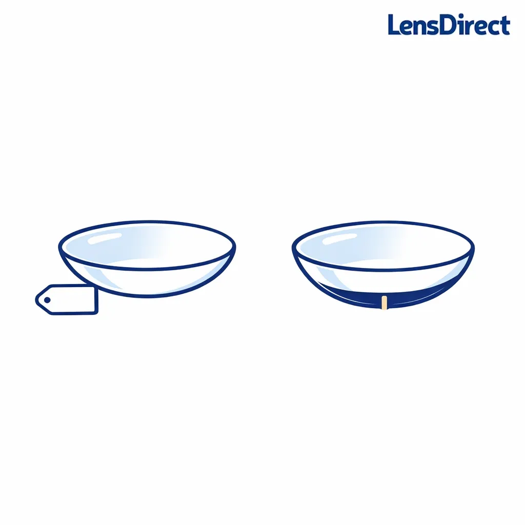 Side-by-side line art compares a spherical lens to a toric lens with a weighted zone for stability.