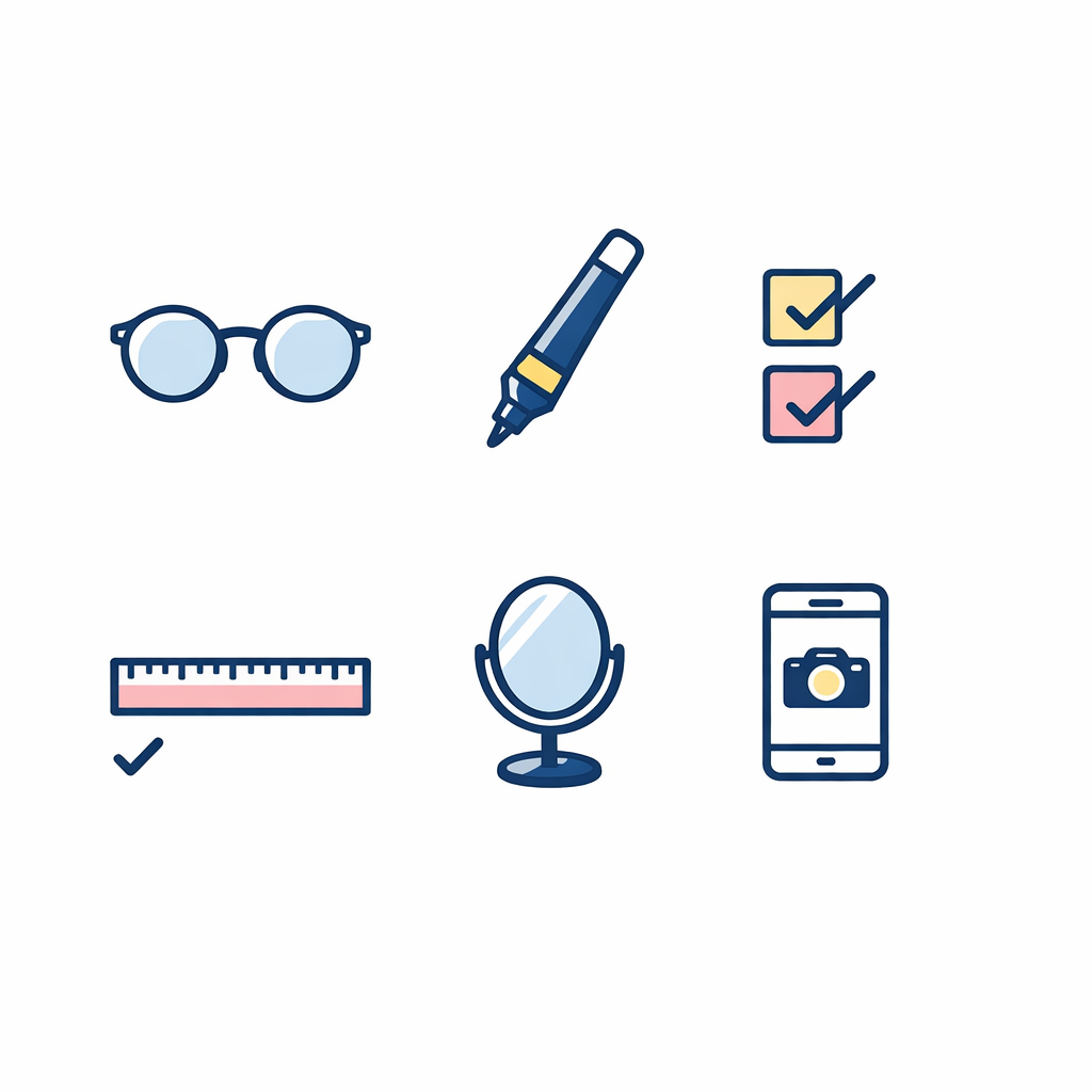 Line-art kit shows frames, non-permanent marker, mm ruler, mirror, and phone for backup photos.