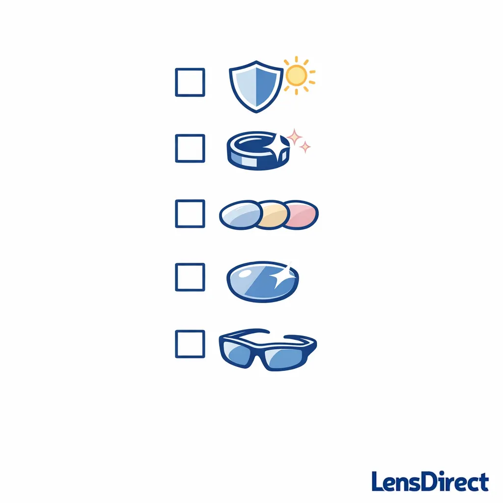 A clean checklist of icons summarizes UV, polarization, tint, mirror, and fit priorities.