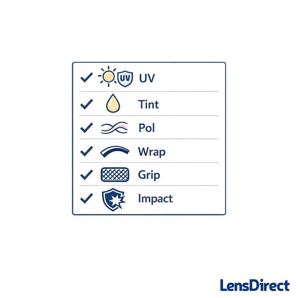 Compact final checklist card summarizing UV, tint, polarization, wrap, grip, and impact resistance.