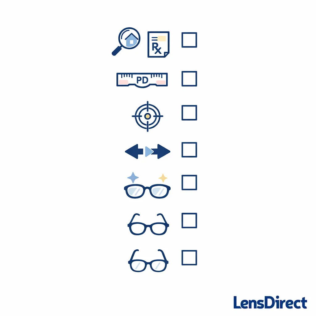 Seven-step minimal checklist with icons for inspect, prescription, PD, goal, path, upgrades, and backup pair.