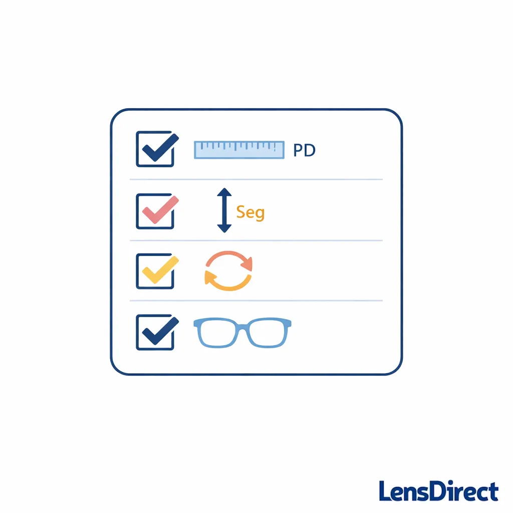 A tidy checklist layout summarizes PD, segment height, repeat check, and frame height sanity check with simple icons.