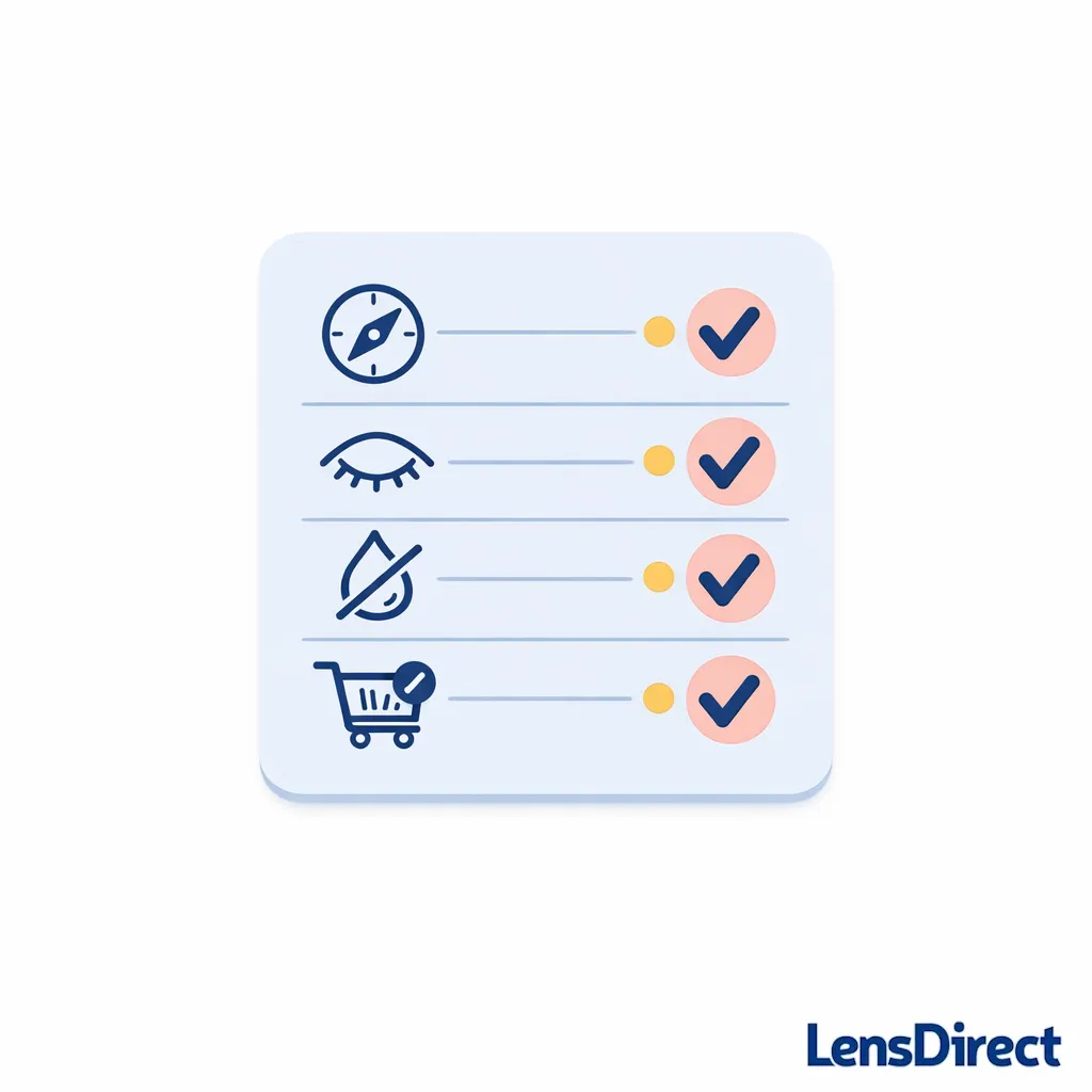 A central checklist with icons summarizes key toric lens tips for comfort, clarity, and safe habits.