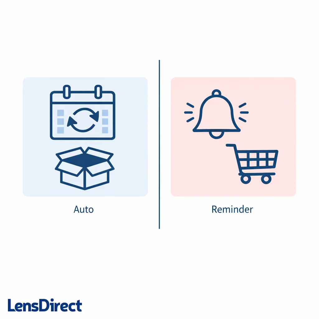 A split-screen comparison contrasts automatic recurring delivery with manual reorder reminders using simple icons.