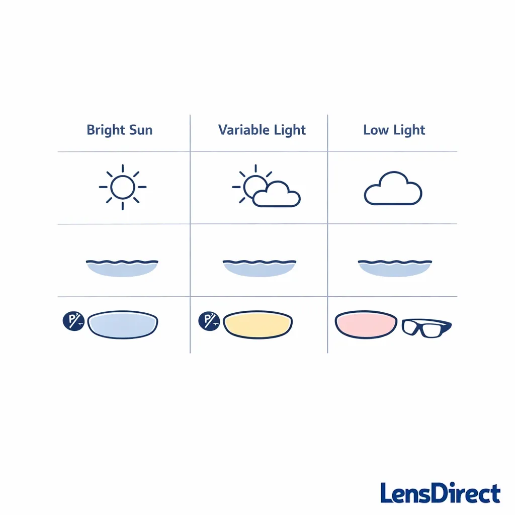 A simple grid links sun and cloud conditions to recommended lens tints and features.