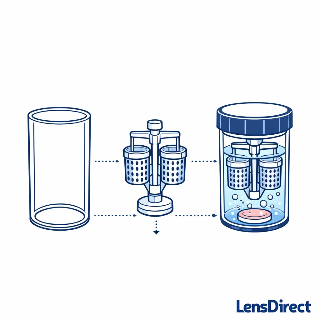 Cutaway-style diagram of a peroxide lens case showing bubbles and a neutralizing disk inside.
