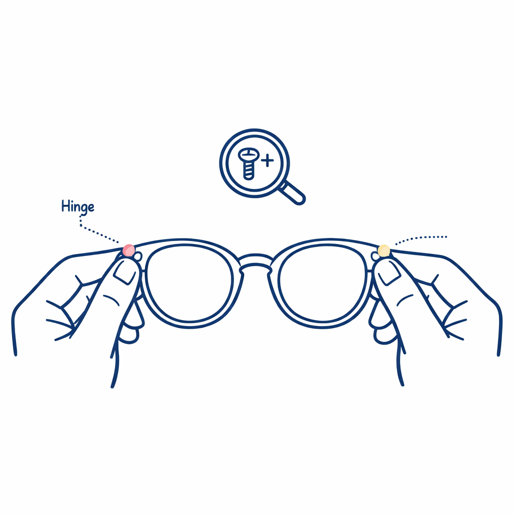 Illustration shows hands checking hinges and frame corners for cracks and loose screws.