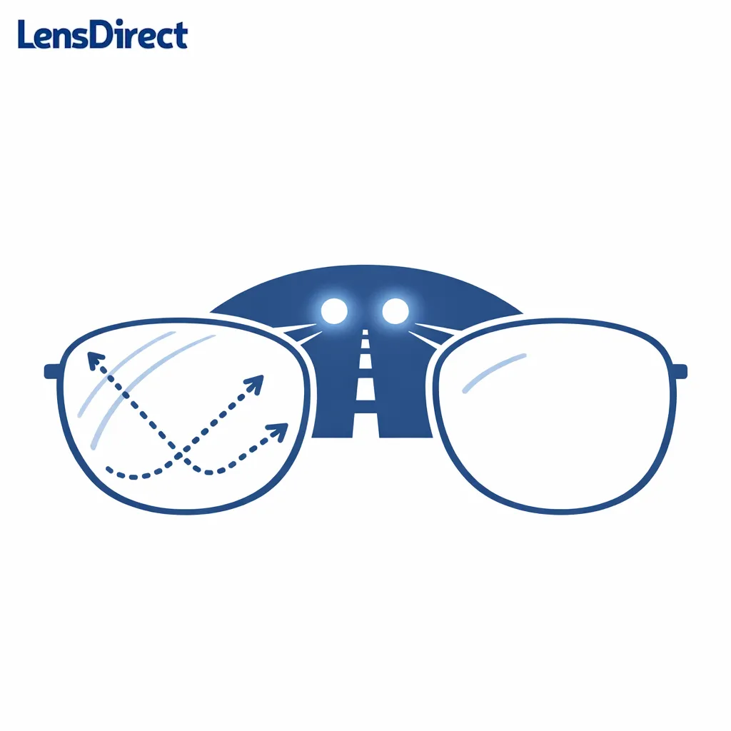 A simple road-at-night scene shows headlight glare with extra lens reflections reduced by AR.