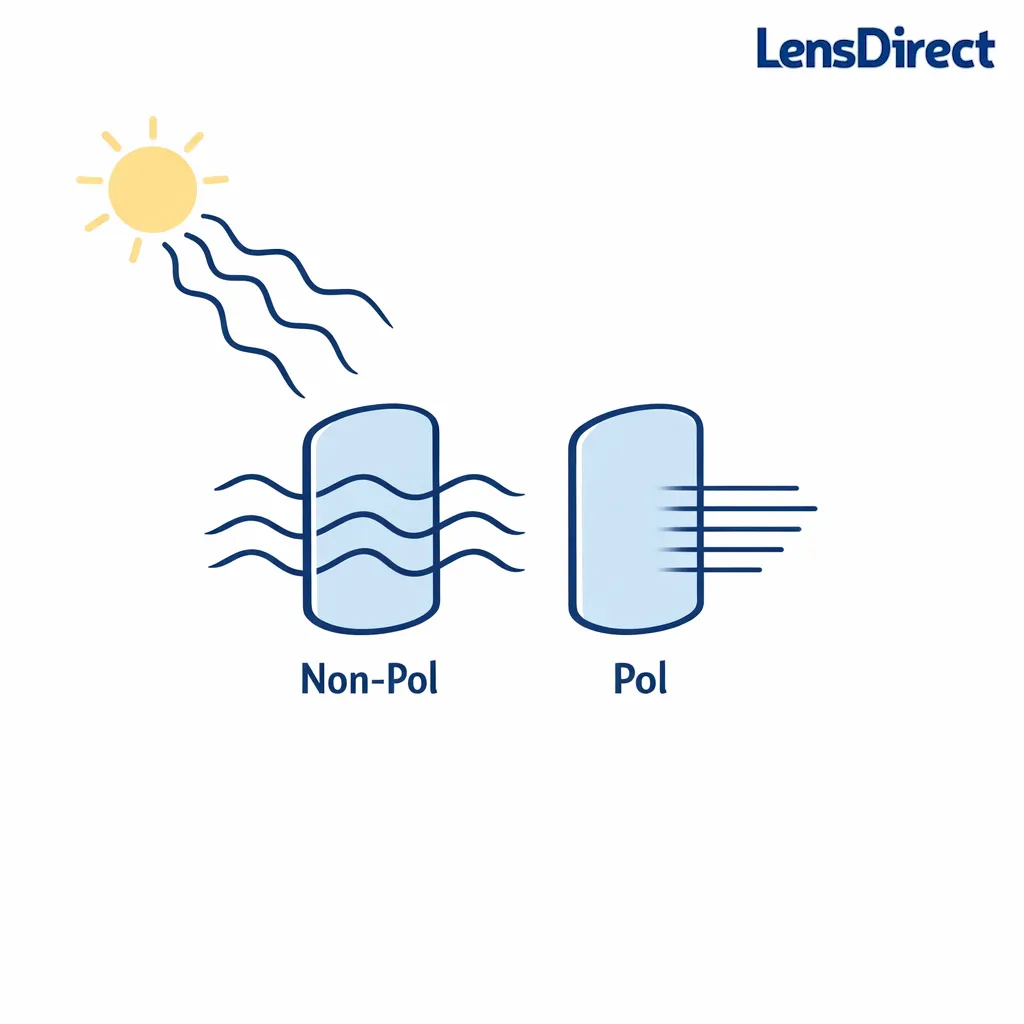 Diagram of glare waves reduced by polarized lenses compared with non-polarized lenses on court.