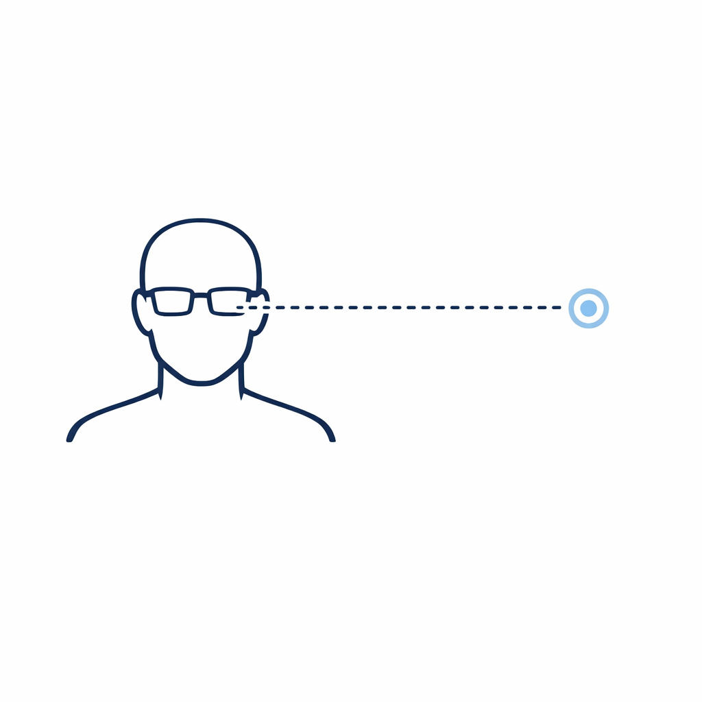 A simple figure wears glasses looking straight ahead at a small target to avoid head tilt.