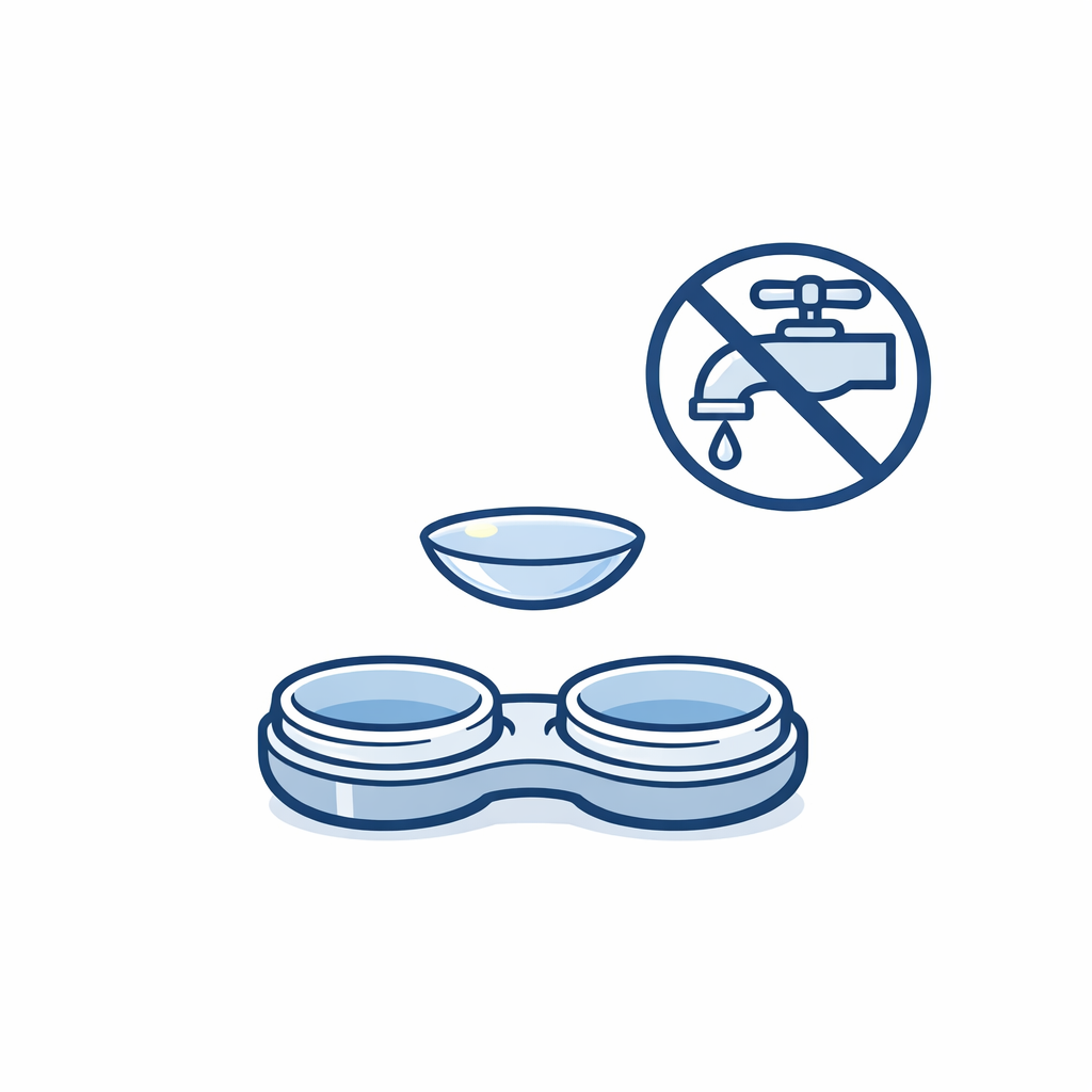 A contact lens and case shown with a faucet icon crossed out to indicate water should be avoided.