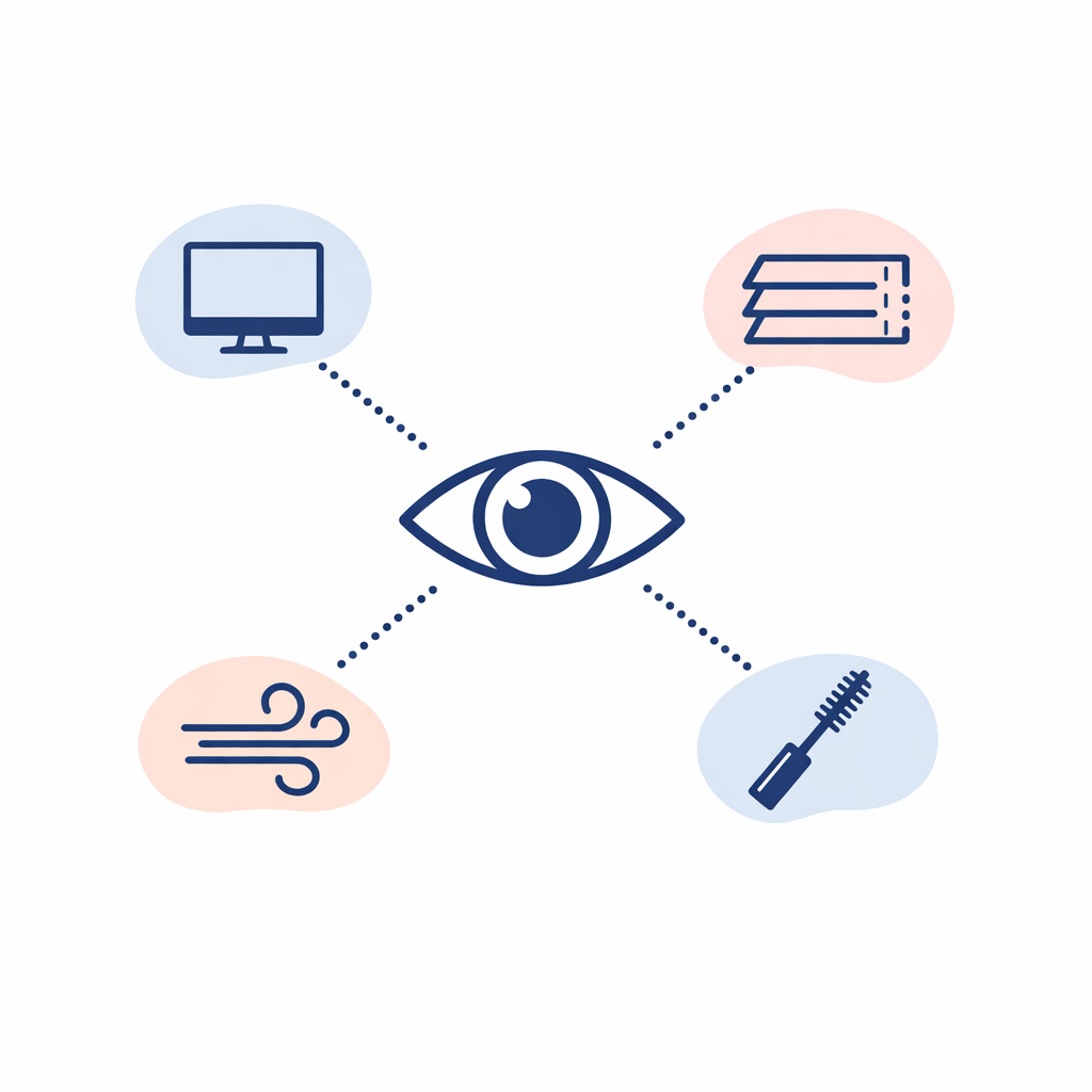 A central eye icon is linked by dotted lines to common dryness triggers like screens, AC, wind, and makeup.