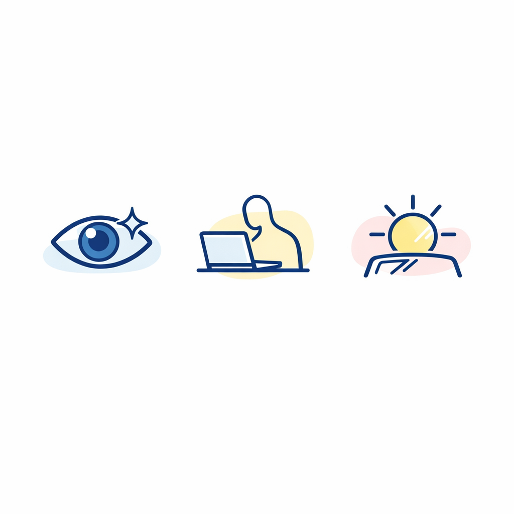 Simple three-option comparison icon set for clear vision, comfort at screens, and sun glare control.