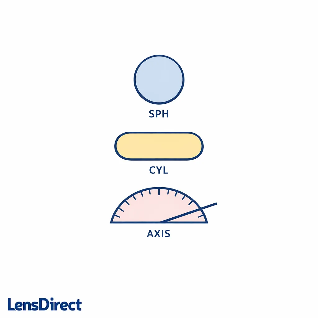 A clean infographic uses simple shapes to explain SPH, CYL, and AXIS without heavy technical detail.