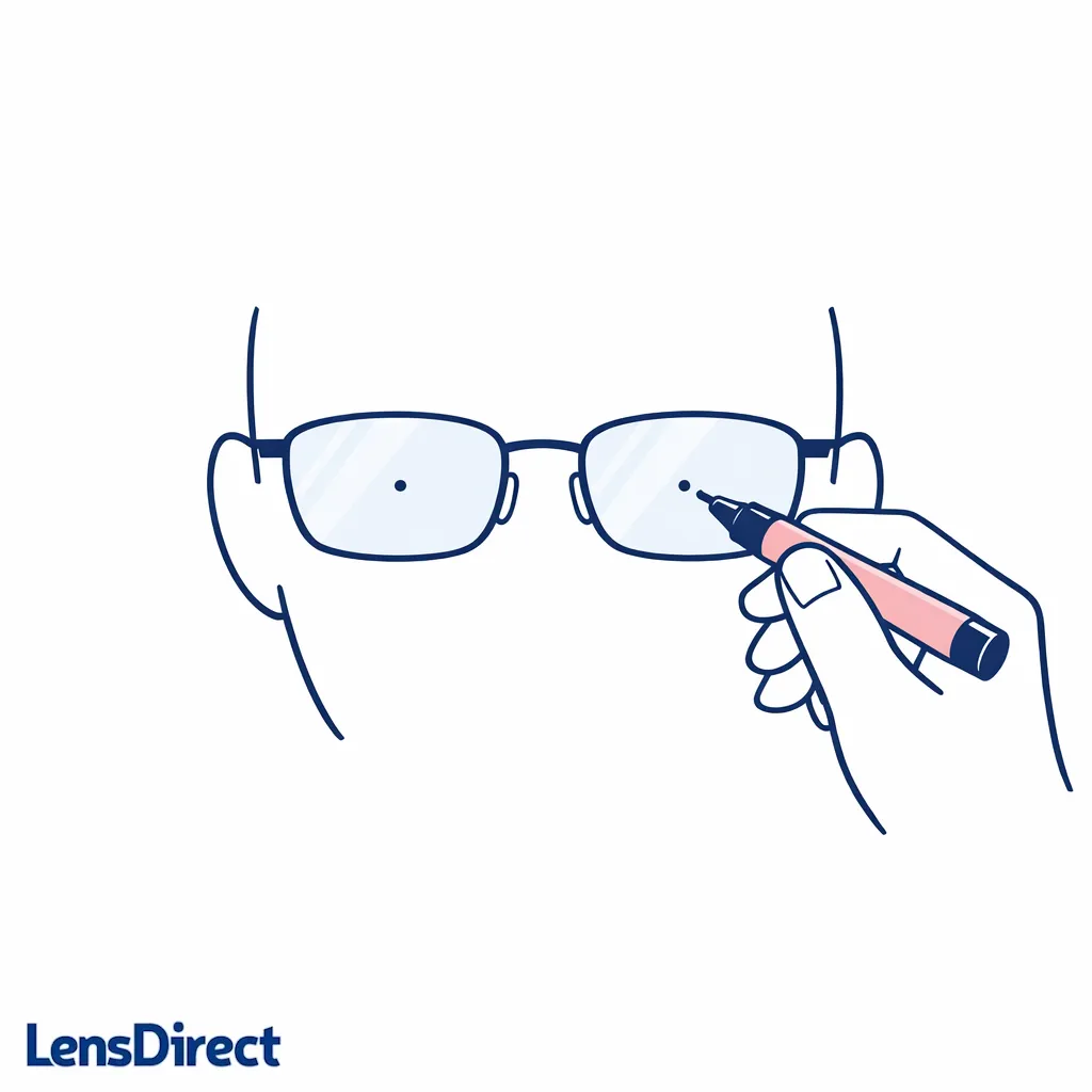 Helper hand places a tiny dot on each lens aligned with the wearer’s pupil center.