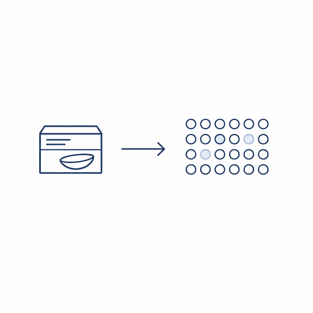 A box icon transforms into a row of daily lens dots to illustrate converting inventory into wear days.