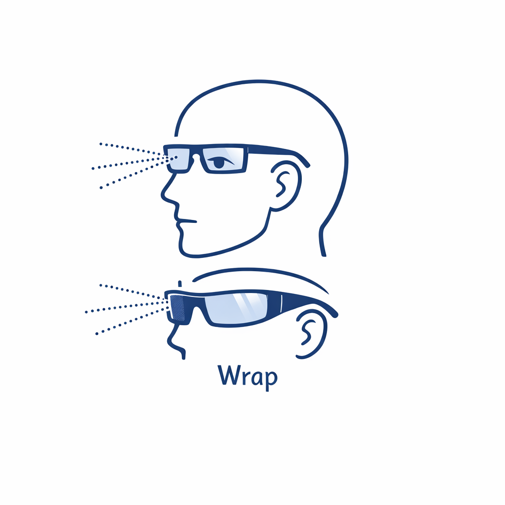 Wraparound sunglasses silhouette showing side light blocked compared with flat frame coverage.
