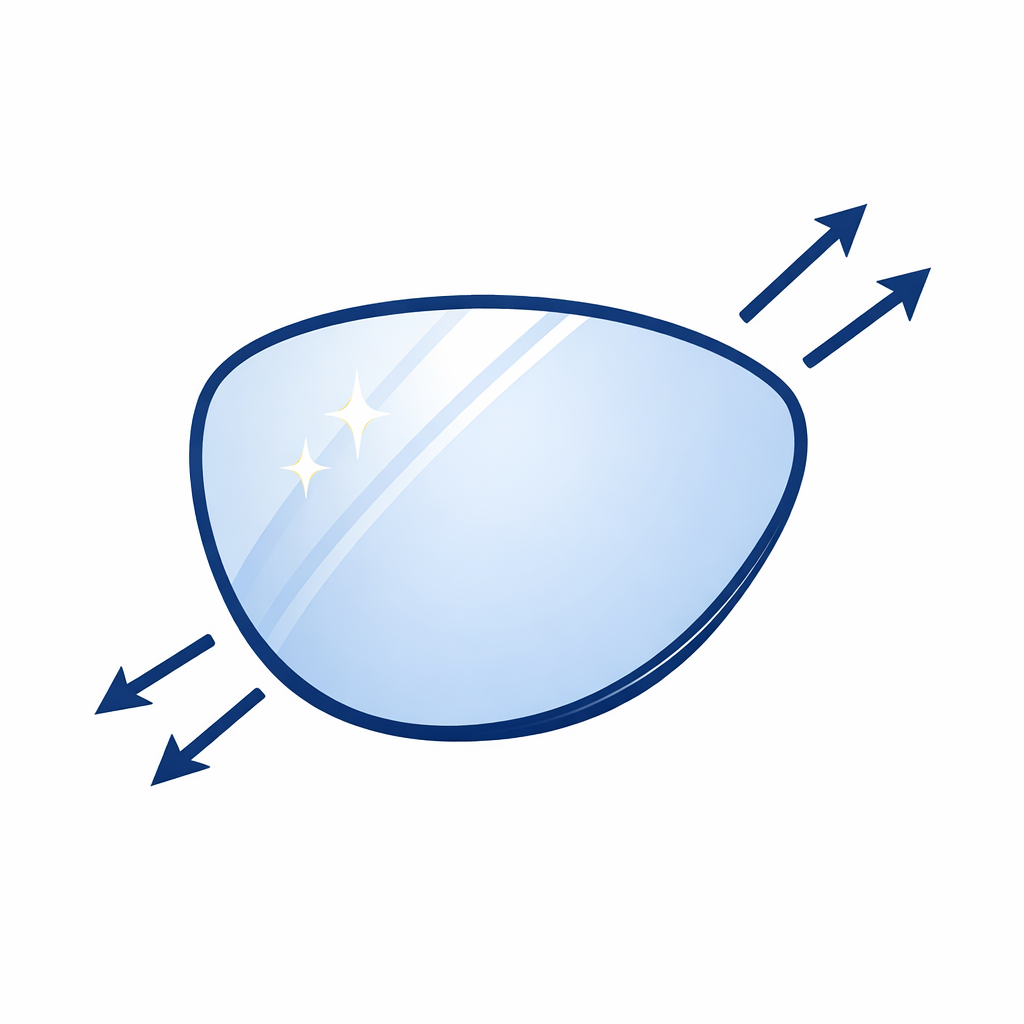 A lens surface reflects incoming rays to illustrate mirror coating comfort in high sun.