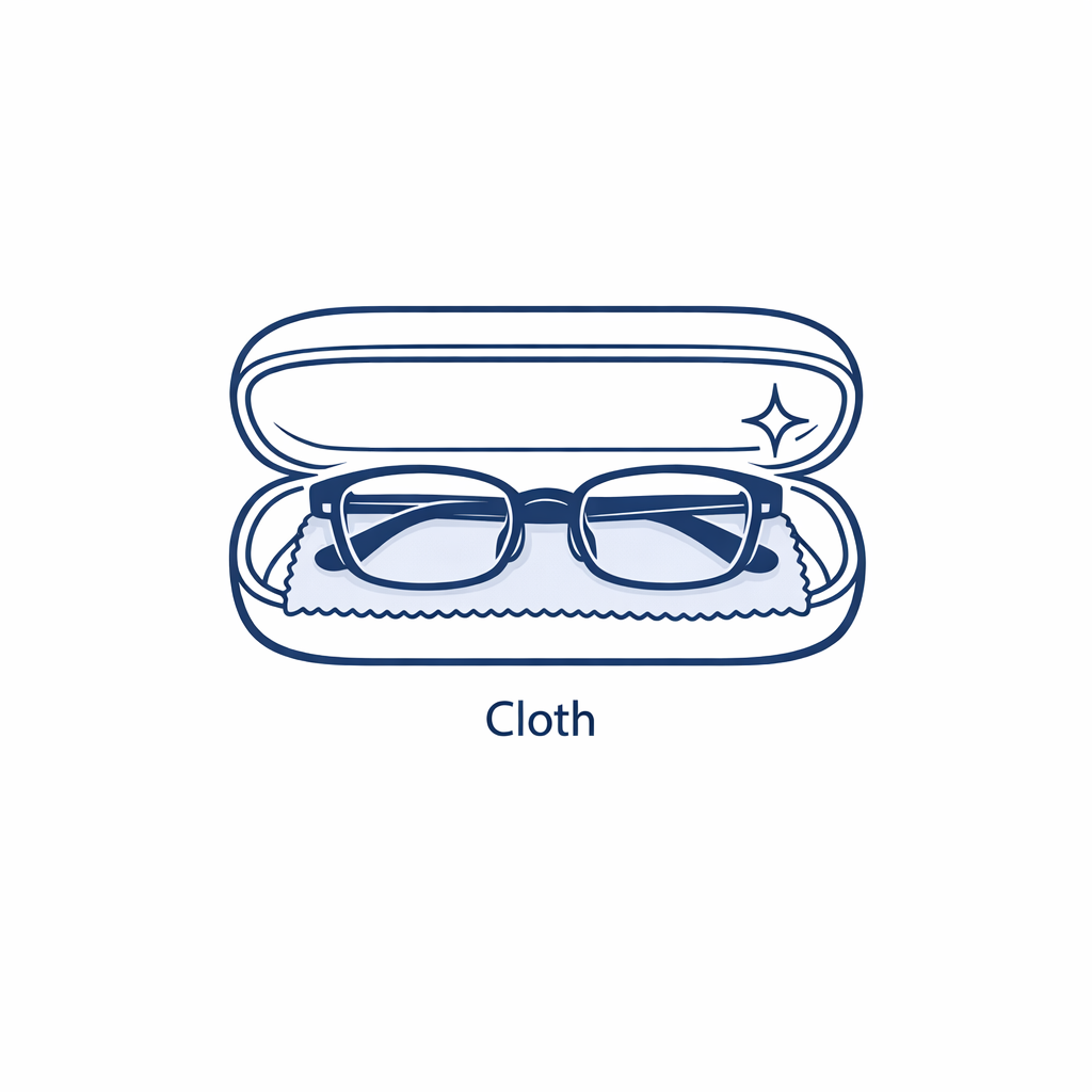 Diagram shows a microfiber cloth placed between lenses and case to prevent scratches.