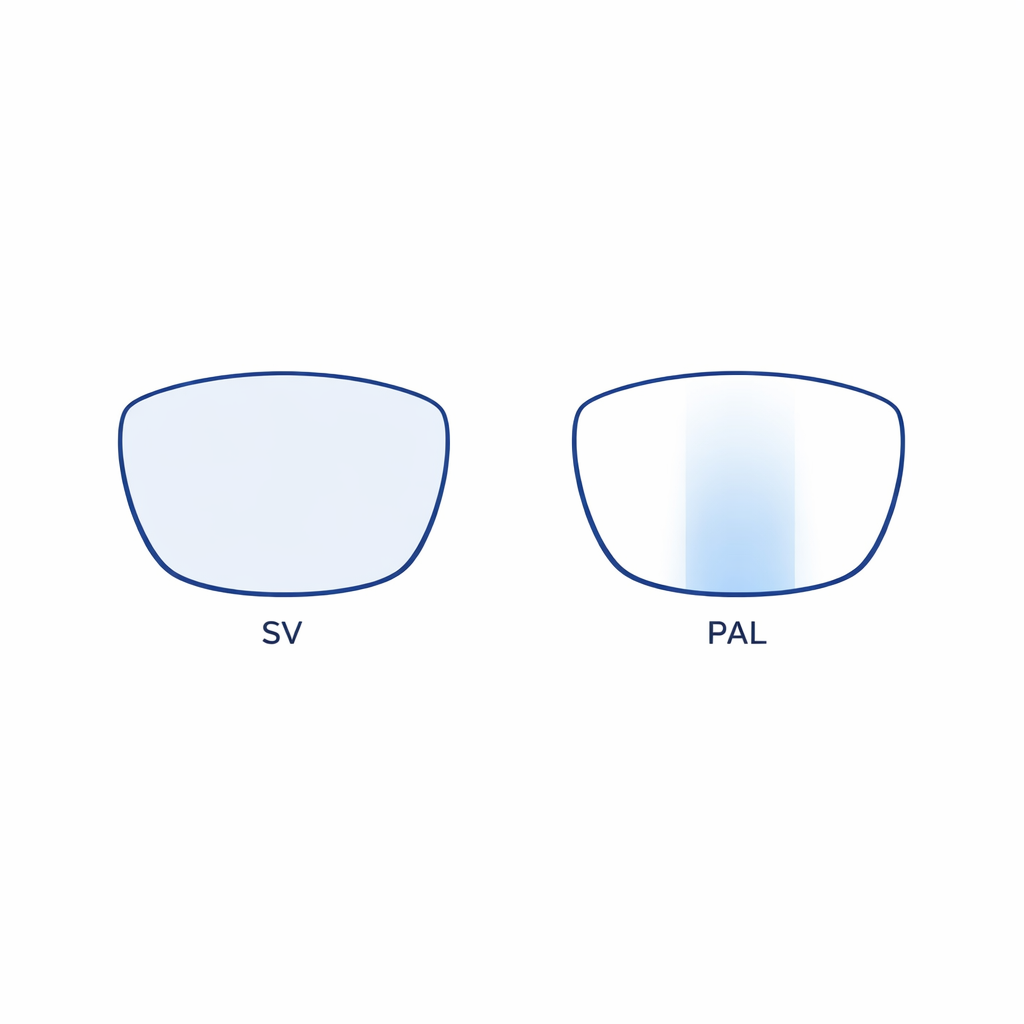 Clean comparison of a single-vision lens and a progressive lens with a subtle gradient corridor.