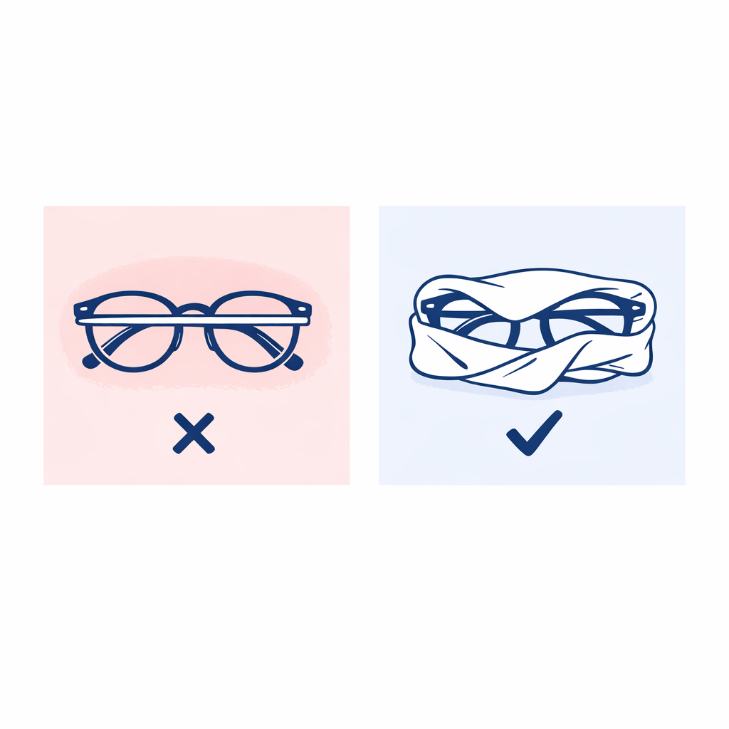 Comparison shows rubber bands pressing on lenses versus a soft wrap layer as the safer option.