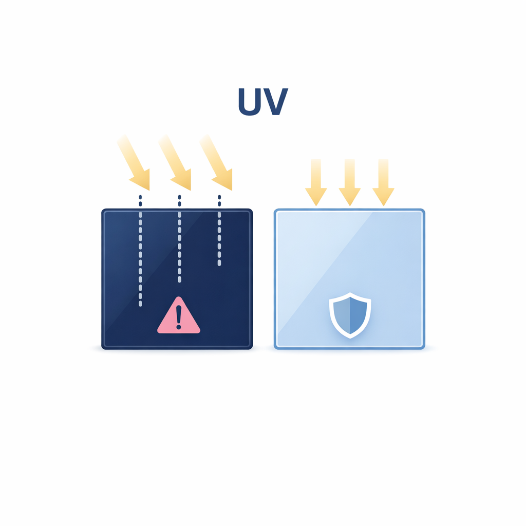 Simple warning diagram showing dark lenses without UV blocking versus clear UV-protective lenses.