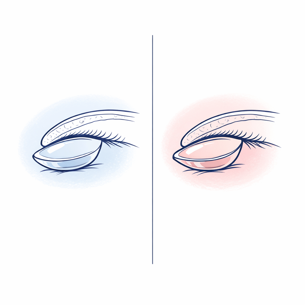 A close-up eyelid-and-lens diagram contrasts a rounded edge versus a sharper edge for comfort awareness.