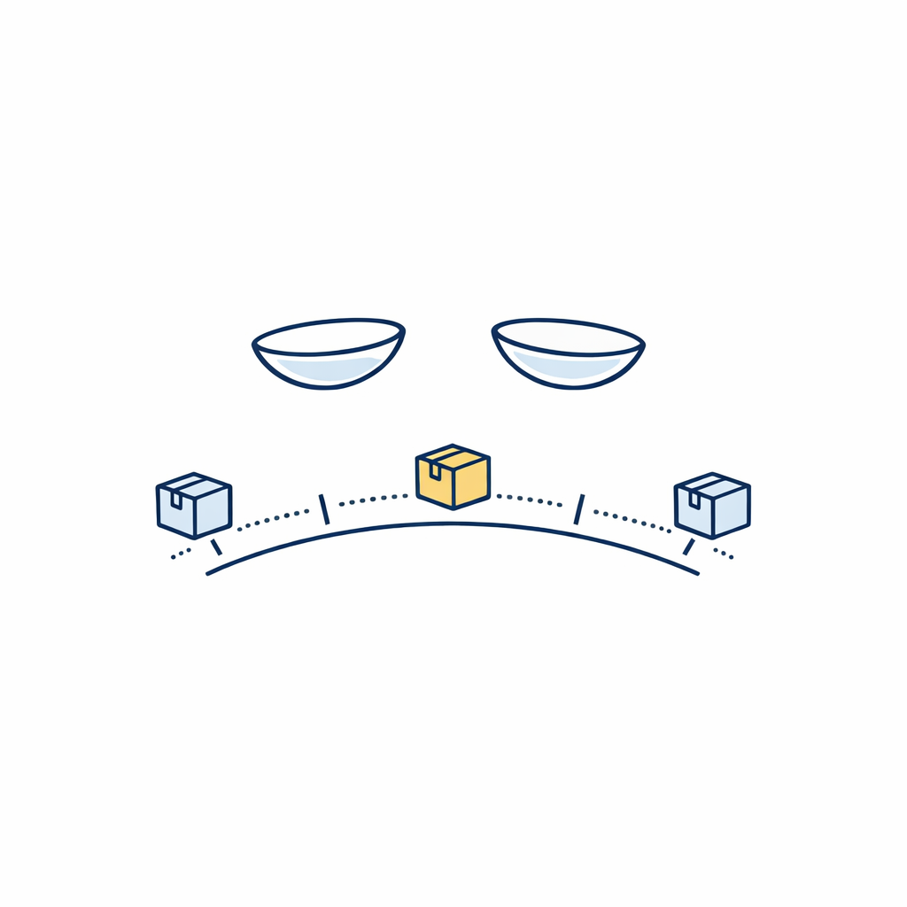 Two lens icons and a six-month calendar arc depict replacing monthlies on schedule and shipping every 3–6 months.