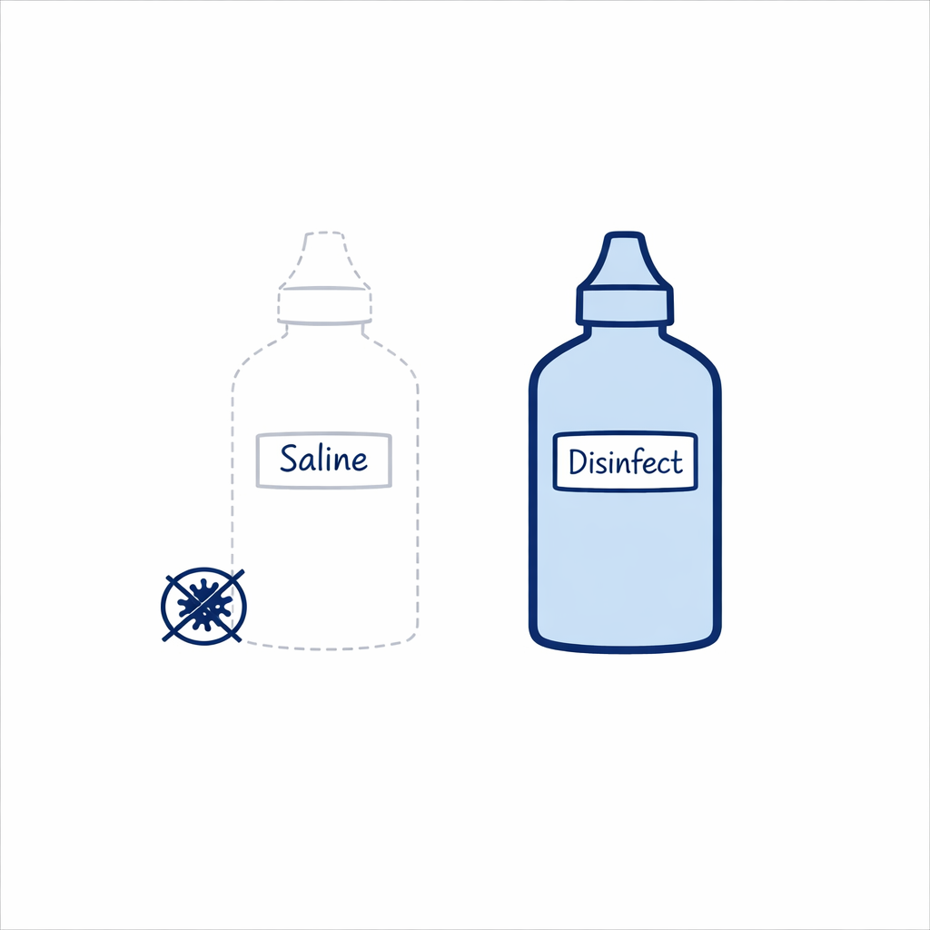 Two bottles labeled Saline and Disinfect are contrasted, with disinfect emphasized and saline de-emphasized.