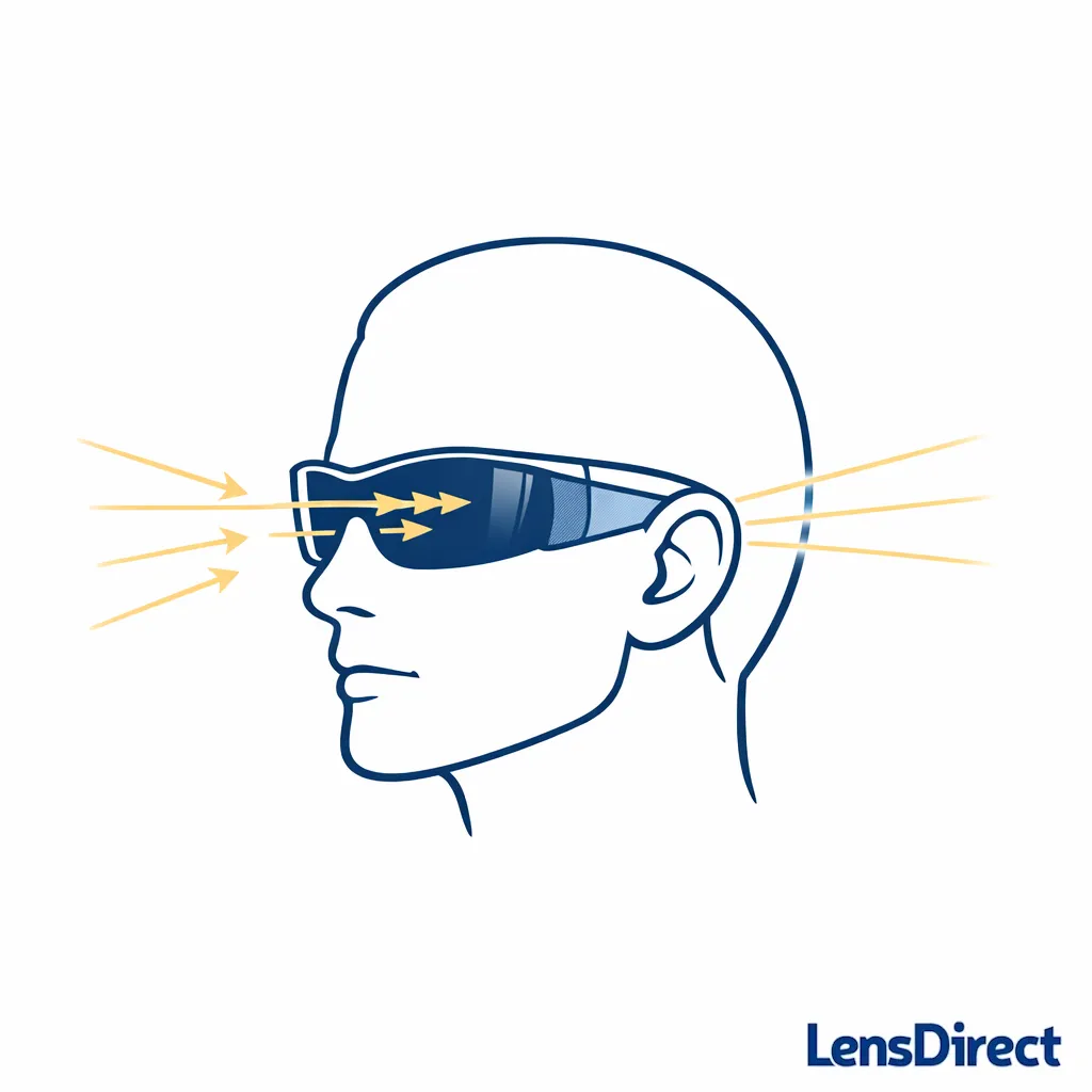 A head outline with wrap sunglasses shows reduced side light using directional rays.