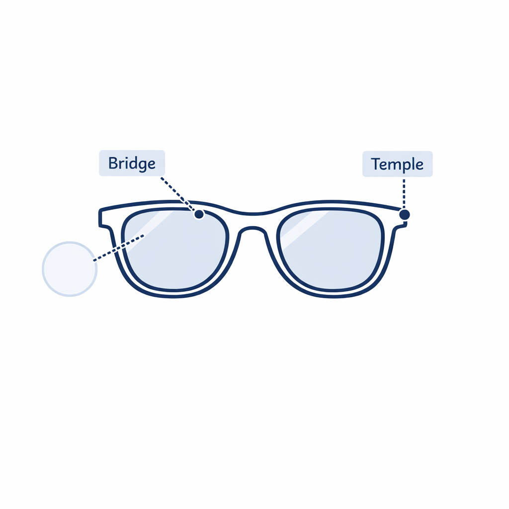 Key fit areas are called out on a sunglass frame with dotted connectors.