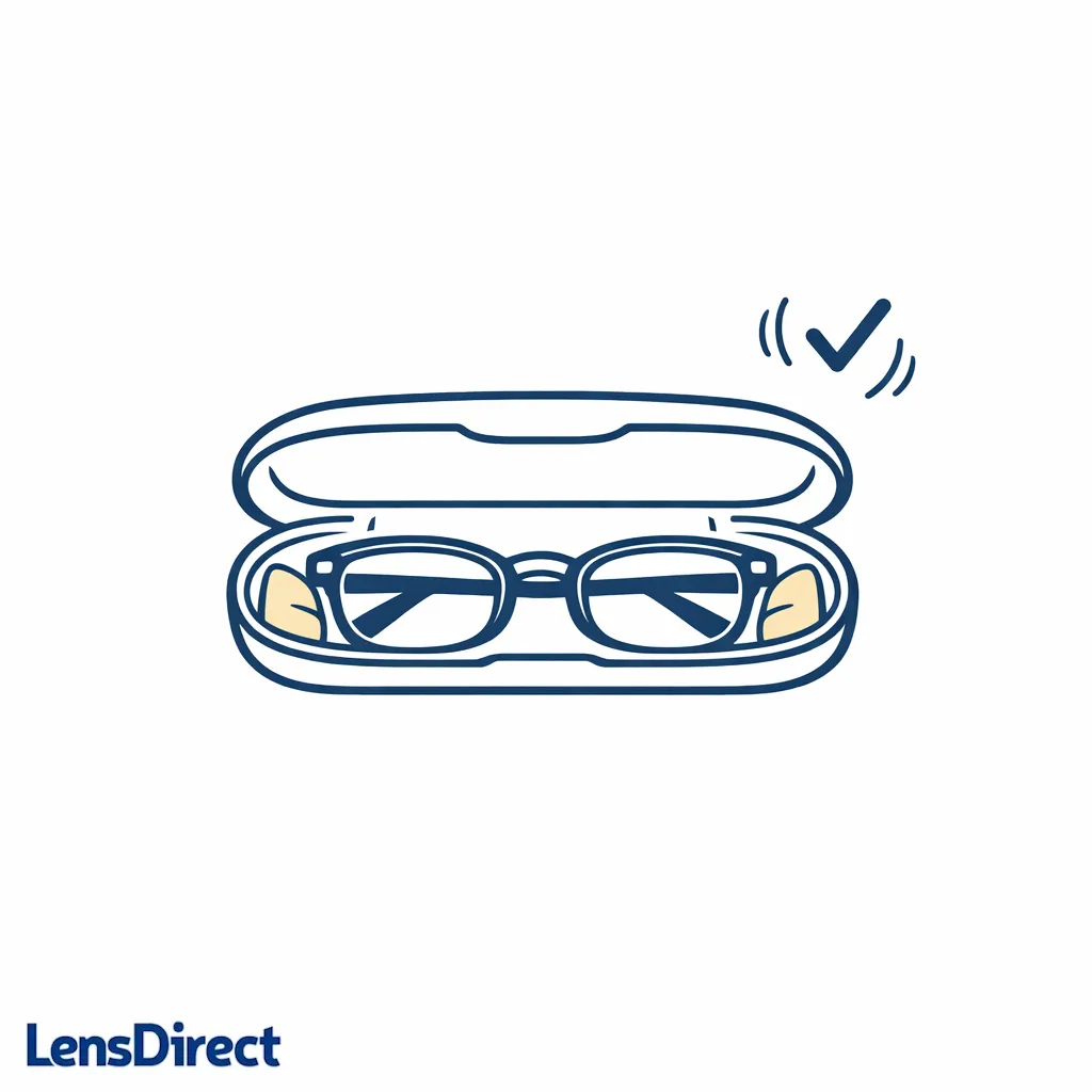 Illustration shows glasses snug in a hard case with padding so nothing rattles when shaken.