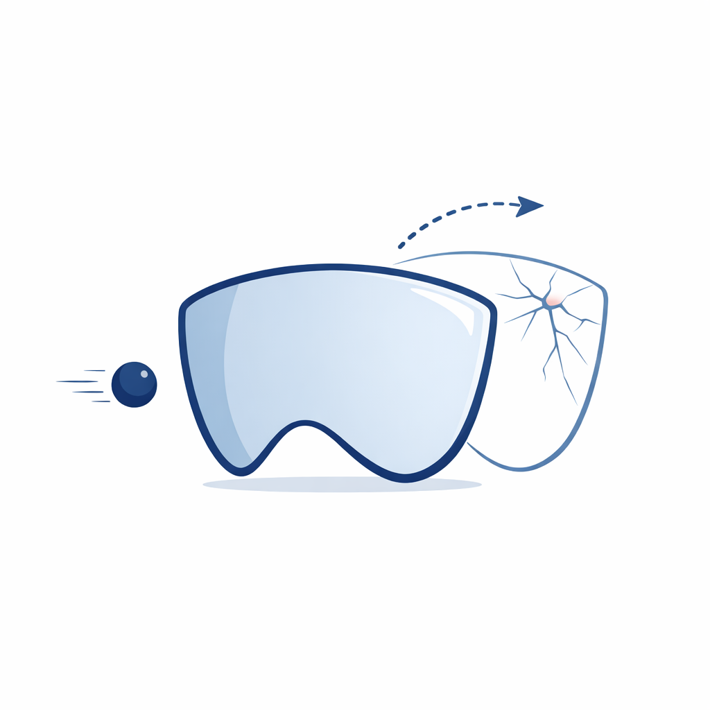 Illustration of a fast ball deflecting off a sturdy lens shield to suggest impact resistance.