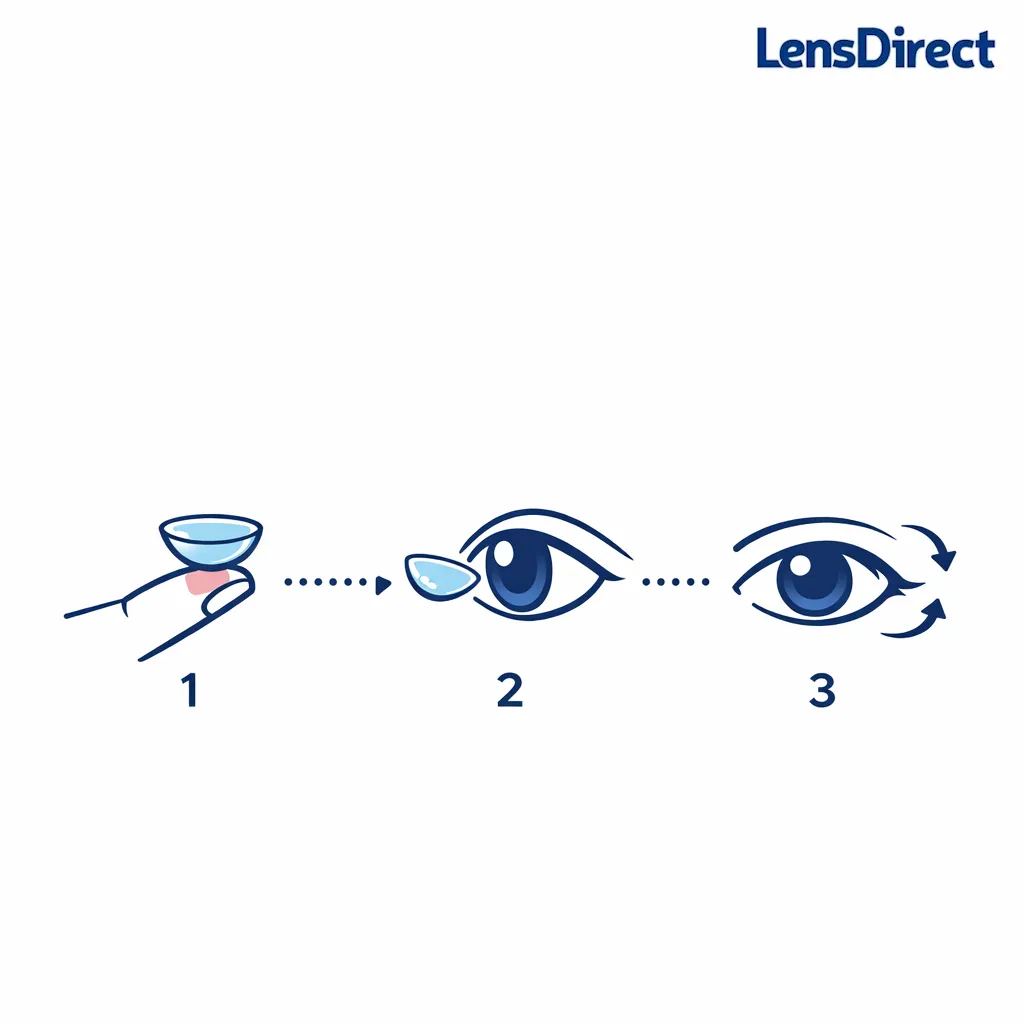 Step-by-step line art shows placing the lens on a fingertip and inserting it with a brief settle moment.